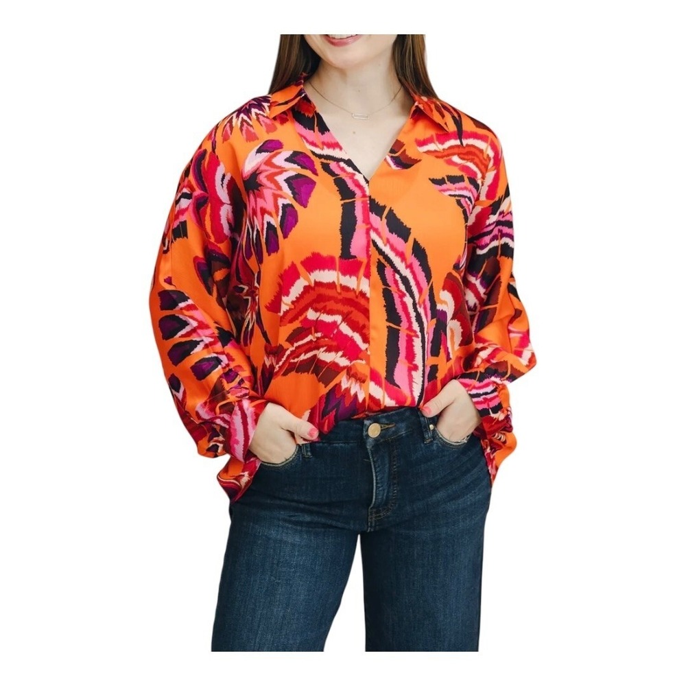 JODIFL Blouse Womens‎ Medium Orange Abstract Tropical Split Neck Long Sleeve NEW